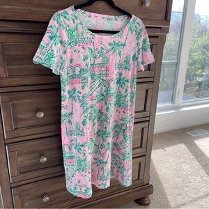 Lilly Pulitzer Pink and Green Tropical Print Pima Cotton T-Shirt Dress- Size M